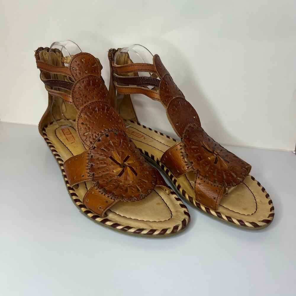 Pikolinos Gladiator Medallion Brown Leather Zipper Sandals WOMENS 39
